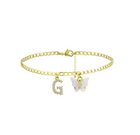 Fation Dainty Butterfly Initial Ankle Bracelets Handmade Cuban Chain White Butterfly A-Z Alphabet Letter Initial Anklets Summer Beach G