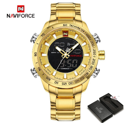 Naviforce NF9093 MenLuxury Chrono Sport Brand Military Waterproof El Backlight Digital Wristwatches GOLD