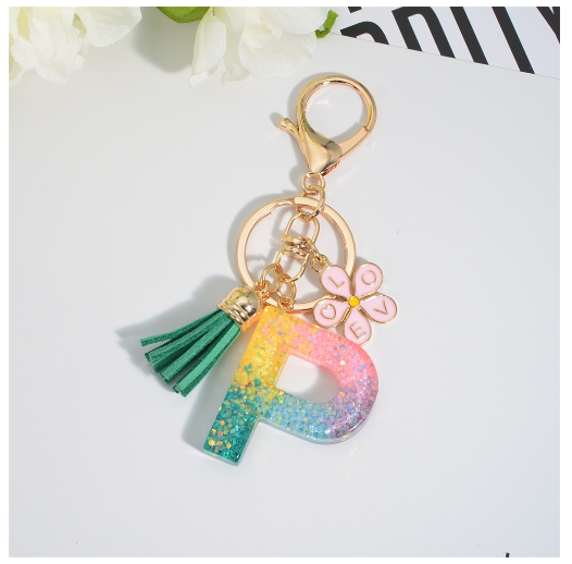 Fashion 26 Letter Resin Keychain A-Z Round Sequins Filled Alphabet Flower Pendant Keyring with Tassel Bag Ornament Accessories P