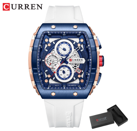 CURREN Original Brand Men's Watch Multifunctional Timing Luminous Silicone Waterproof Fashion Business Sports Quartz 8442 BLUE WHITE