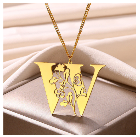 Beauty Flower A-Z Letter Necklaces for Women Men Stainless Steels Flower Initial Pendant Necklace W