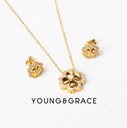 Young & Grace Jewelry Set 24k Gold Plated 5 Petal Flower Design Diamond For Women Jewelry Necklace
