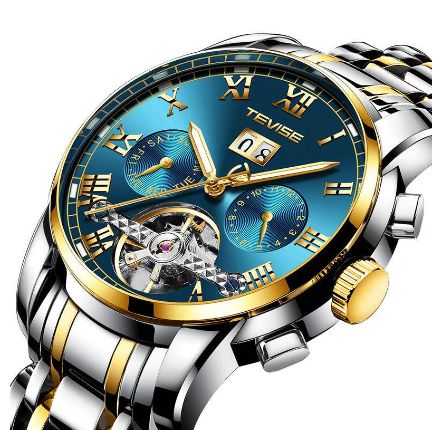Original TEVISE Watch for men Waterproof watch Automatic Multifunction Chronograph Calendar Month Week Gold Luxury Stainless 2