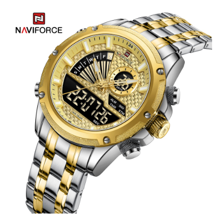 Naviforce NF9205 Men Luxury Top Brand LED Waterproof Full Steel Quartz Digital Military Watch TWO TONE