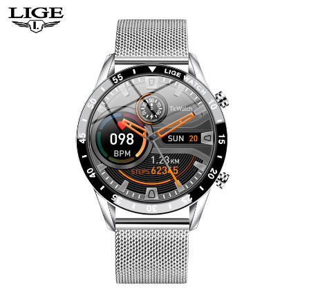 LIGE Smart Watch Men Bluetooth Call Watch IP67 Waterproof Sports Fitness Watch For Android IOS Smart Watch MESH BELT SILVER