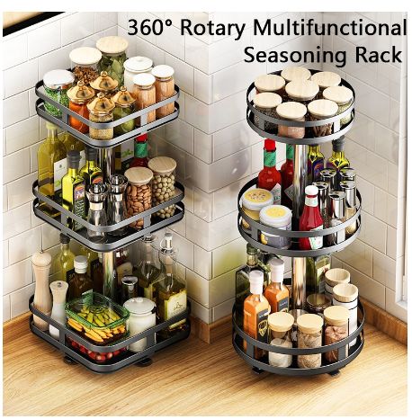 Storage Rack 360° Rotating Spice Rack 2/3 Tier Rotatable Kitchen Spice Rack Condiment Storage Rack