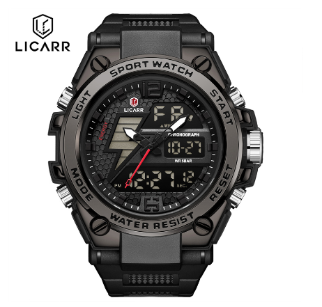 LICARR Brand Men's Watches Original Analog Digital Fashion Casual Sports Men's Watch Stopwatch Waterproof Date Alarm 9513 BLACK