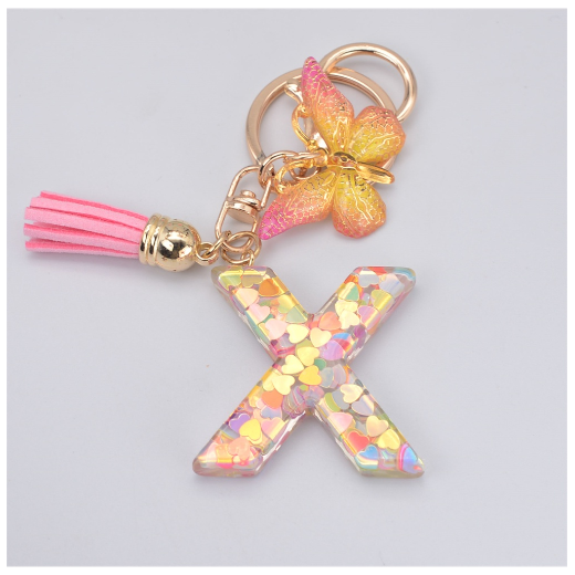 Exquisite 26 Letter Resin Keychain with Pink Tassel Gradient Butterfly Pendant Key Ring Women Bag Ornaments Accessories X