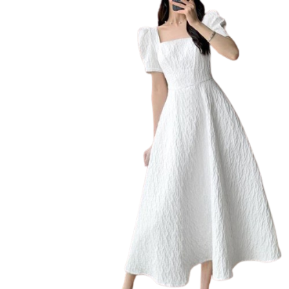 Lovito Women Elegant Plain Puff Sleeve Square Neck Dress L65ED170 (White)
