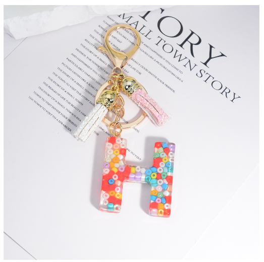 Colorful Beades Filled A-Z 26 Letter Keychains For Women Fashion Initials Keyring With Tassel Bag Pendant Accessories Souvenir H