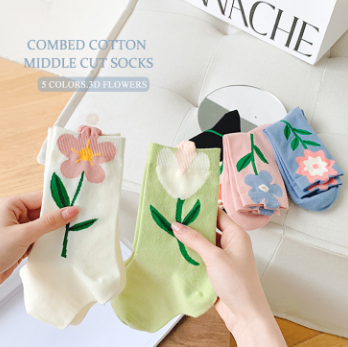 3D Flower Pattern Women Semi-high Socks Ins Fashion Lolita Lady's Elegant Crew Socks Cotton Female Hosiery