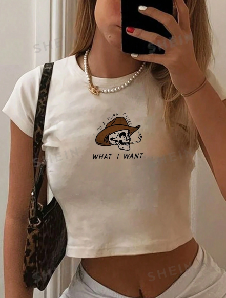 SHEIN EZwear Women's Summer Casual Short Sleeve Round Neck Tee With Slogan And Skull Print