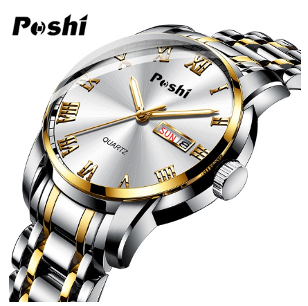 POSHI Men Watch Waterproof Steel Belt Dive Sports Quartz Original For Gold Dual Calendar Luminous 02