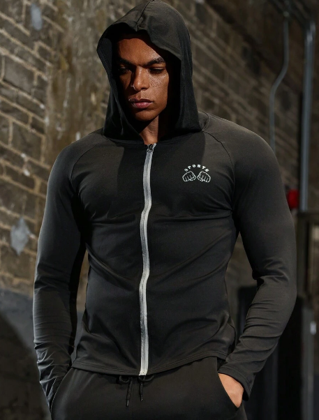 Men's Slim Fit Hooded Sports Jacket With Letter Print