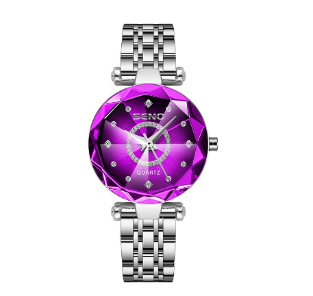 Seno Ocean Star Steel Band Women's Watch Fashion Crystal Ladies Quartz Wristwatch SILVER PURPLE