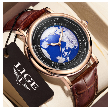 LIGE Official Luxury Watch For Mens Fashion Brands Leather Strap Waterproof Luminous Watches Quartz Earth Dial Wristwatch ROSE BLACK