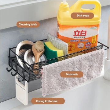 Sponge Holder Drainer Stainless Kitchen Sink Organizer Rack with Towel Rod