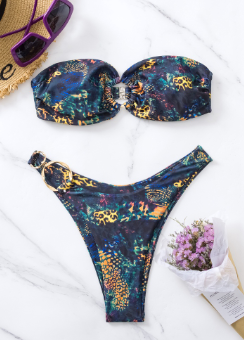 Ladies Split Swimsuit Two-Piece Set/Fashion Printed Metal Ring Swimsuit/Sexy Backless Tube Top Bikini