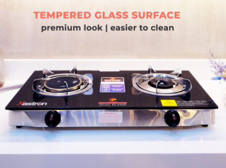 Astron DUAL FLAME Ceramic and Metal Double Burner Gas Stove with Tempered Glass Top