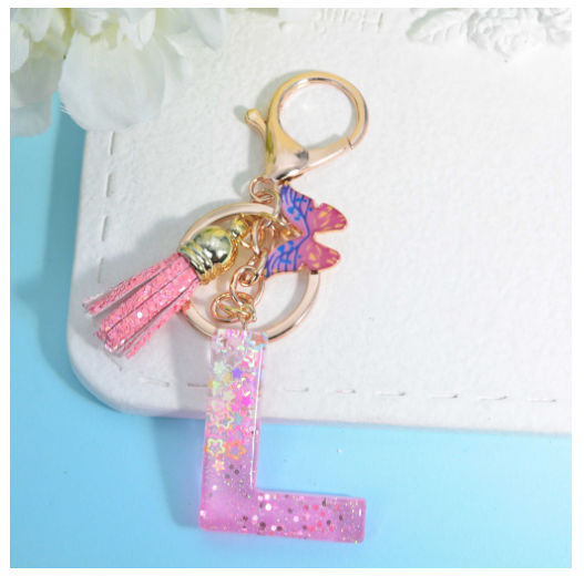 Glitter Star Sequin Filled 26 Letter Keychains With Butterfly Pendant Fashion Tassel Name Initials Key Chains Car Keyrings Gifts I