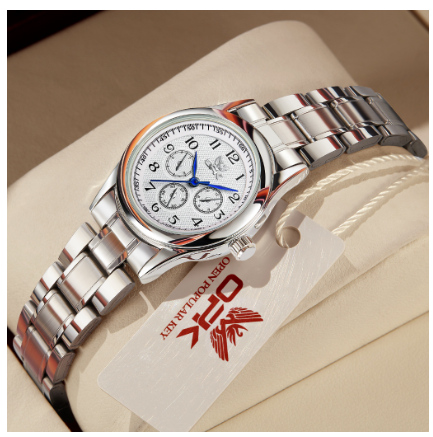 OPK Watch For Woman Women WaterProof Original Stainless Steel Leather With Box Fashion Quartz Ladies Watch  WHITE DIAL SILVER STRAP