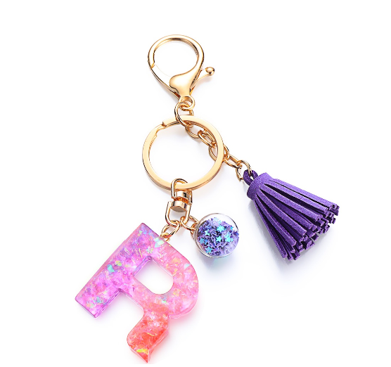 Cute Creative 26 Letter Alphabet Crystal Glitter Resin Keychain Women Tassels Keyring Car Key Holder Bag Charms Accessories R