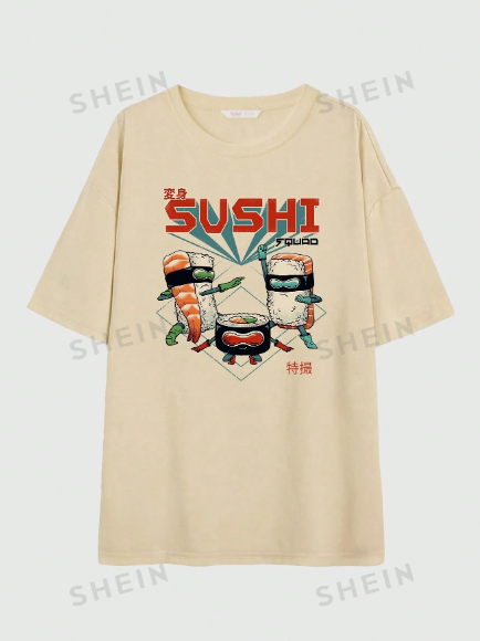 Vincenttrinidadart J-Fashion Letter Sushi Graphic Drop Shoulder Tee