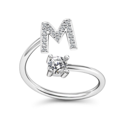 Simple Rhinestone 26 Letter Rings For Women Sliver Color Initials Adjustable Ring Opening Finger Accessories Wedding Jewelry M