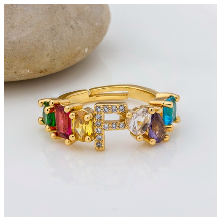 Hot Sale Adjustable A-Z 26 Initial Ring Bohemian Copper Zircon Rainbow Letter Rings for Women Girls Jewelry F