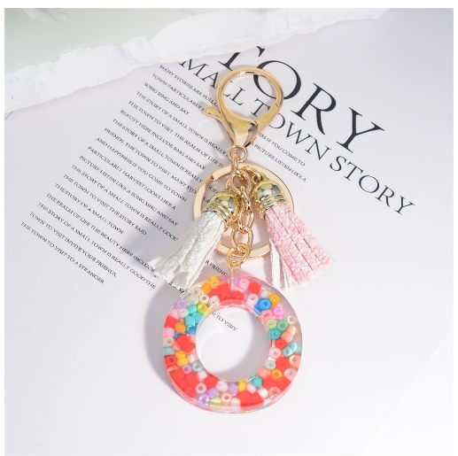 Colorful Beades Filled A-Z 26 Letter Keychains For Women Fashion Initials Keyring With Tassel Bag Pendant Accessories Souvenir O