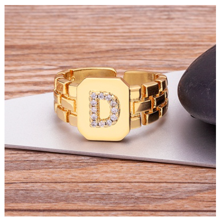 New Arrival Fashion Gold Color Initial Ring Open Design Adjustable Hot Sale A-Z Letters Zircon Rings For Women D