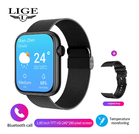 LIGE HD Screen Smart Watch 100+ Sport Modes Thermometer Fitness Health Heart Rate Monitor 1.85 inch Bluetooth Call Digital QX7 Watch MESH BLACK