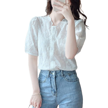 Lovito Women Elegant Plain Eyelet Embroidery Button Blouse LNL34005 (White)