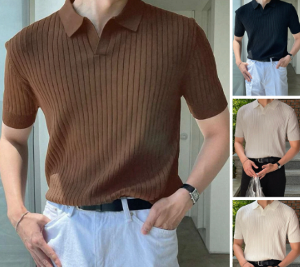Korean Polo Shirt for Men Short Sleeve Stripe Lapel Neck Knit Fabric M-XL