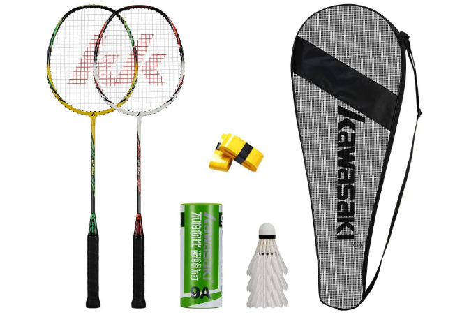 Kawasaki Badminton Set Professional Graphite Badminton Racket Lightweight & high Performance for Sports, Training and Entertainment Including 3 Badminton shuttlecocks & 2 overgrips & Carrying Bag