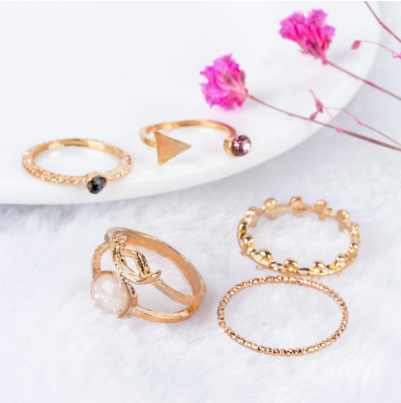 5pcs/set Gold Crystal Leaf Opal Midi Above Knuckle Punk Ring