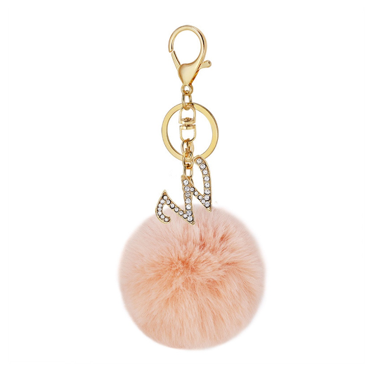 New 26 Letter Rhinestone Alloy Keychain Charm Girls Pink Pompom Key Ring Car Key Holder Women Bag Ornaments Accessories W
