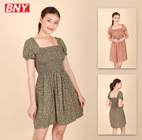 BNY Ladies Rayon Floral Full-Print Puff-Sleeve Smocked Dress 252