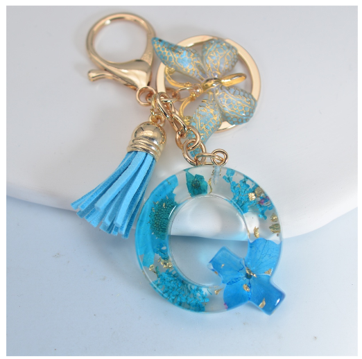 Sweet Blue Daisy A-Z Letter Keychains Fashion Butterfly 26 Resin Keyrings With Tassel Car Key Holder Accessories Pendant Gifts Q