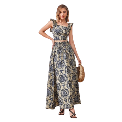 Lovito Women Boho Floral Smocked Ruffle Skirt Sets LBL07023