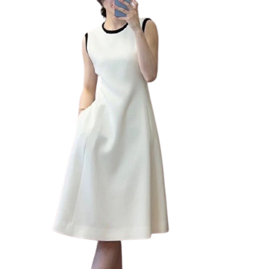 Lovito Women Elegant Plain Contrast Binding Dress LNE34045 (White)