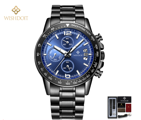 WISHDOIT Watch For Men Original Waterproof Stainless Steel Silver Metal Wristwatch Multifunction Calendar Luminous Watch BLACK BLUE