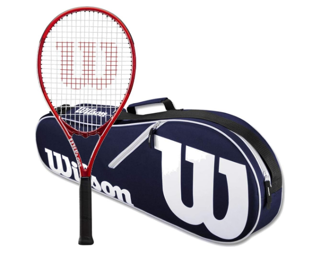 Wilson Federer Pro Staff Precision XL 110 Gloss Red Tennis Racquet in Grip Size 4 3/8" Bundled with a Navy Advantage II Tennis Bag (Incredible Feel and Control)