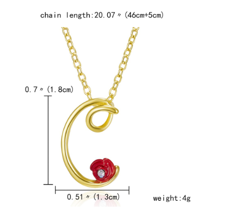 Fashion 26 Letter Necklace Ladies Red Rose Flower Clavicle Pendant Necklace Rhinestone Retro English Letter Necklace C