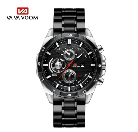 VA VA VOOM Fashion Mens Watch Top Brand Luxury Watch Waterproof Sport Quartz Clock Stainless Steel BLACK