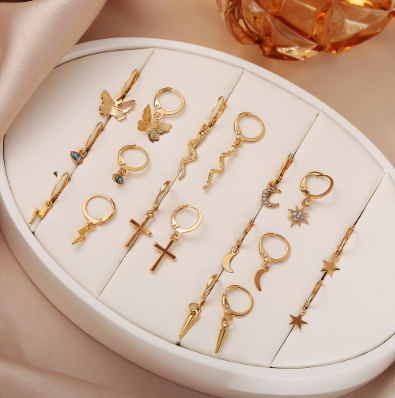 9 Pairs/ Set Multi Type Small Charm Cross Moon Sun Butterfly Hoops Earring