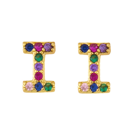 New European and American Fashion Gold 26 Letters Colorful Zircon Alphabet Stud Earrings Women Jewelry Gifts I