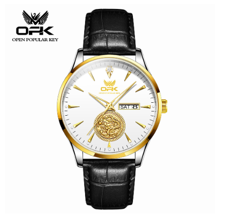 OPK Watch For Men Waterproof Luminous Quartz Original Calendar Stainless Steel Strap Diamond Golden Dragon Pattern  Watch