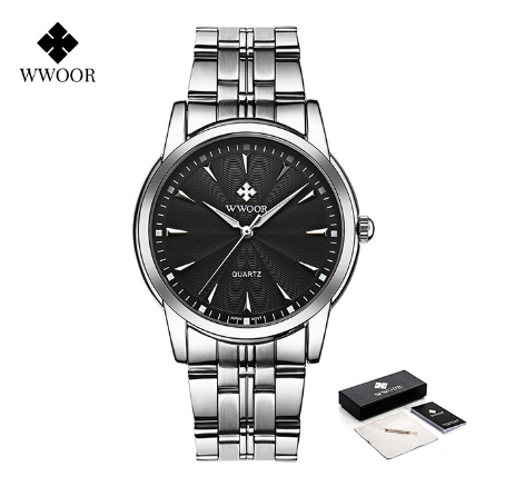 Wwoor Classic Retro Watches For Men Top Brand Waterproof Stainless Steel New Quartz Wristwatch Fashion Luxury Watch BLACK DIAL SILVER CASE STRAP