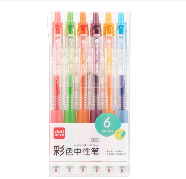 Deli SA501 Retractable Bullet Tip Gel Pen 0.5mm 6pcs/set Asst.